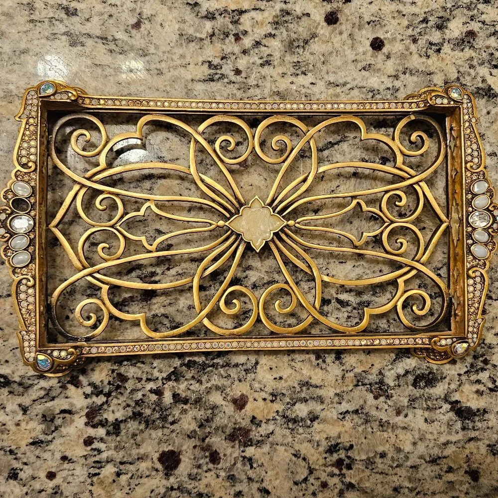 RARE JAY STRONGWATER ARABESQUE SCROLL GUEST TOWEL TISSUE HOLDER BATH VANITY TRAY